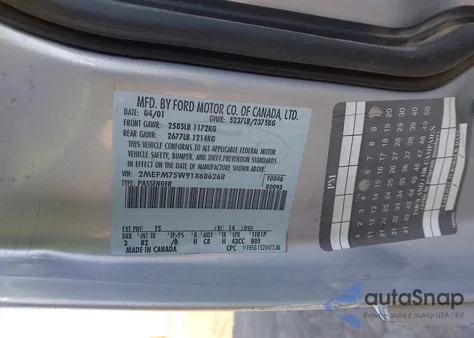 2001 Mercury Grand Marquis Ls из США, поврежденный, VIN 2MEFM75W91X686268